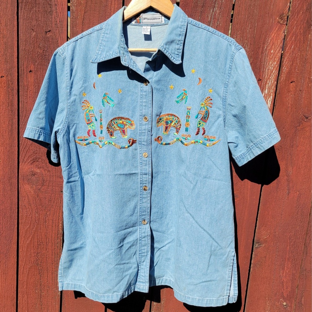 VTG 90s Denim Short Sleeve Shirt Southwest Embroidered Kokopelli Bear Sz M Artsy